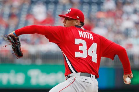 WASHINGTON, DC – JULY 15: Pitcher Bryan Mata #34 of the World Team and the Boston Red Sox works the third inning against the U.S. Team during the SiriusXM All-Star Futures Game at Nationals Park on July 15, 2018 in Washington, DC. (Photo by Patrick McDermott/Getty Images)