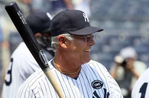 NEW YORK – JULY 17: Former New York Yankee Bucky Dent warms up before the teams 64th Old-Timer’s Day before the MLB game against the Tampa Bay Rays on July 17, 2010 at Yankee Stadium in the Bronx borough of New York City. (Photo by Jim McIsaac/Getty Images)