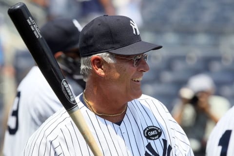 NEW YORK – JULY 17: Former New York Yankee Bucky Dent warms up before the teams 64th Old-Timer’s Day before the MLB game against the Tampa Bay Rays on July 17, 2010 at Yankee Stadium in the Bronx borough of New York City. (Photo by Jim McIsaac/Getty Images)