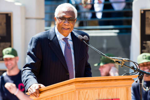 CLEVELAND, OH – MAY 27: Former Cleveland Indians manager and player Frank Robinson speaks during the unveiling of a new statue commemorating his career prior to the game between the Cleveland Indians and the Kansas City Royals at Progressive Field on May 27, 2017 in Cleveland, Ohio. Frank Robinson became the first African-American manager in Major League history on April 8, 1975, as a player-manager for the Indians.(Photo by Jason Miller/Getty Images)