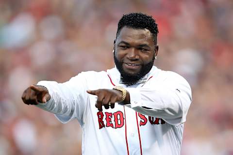 BOSTON, MA – JUNE 23: Former Boston Red Sox player David Ortiz #34 reacts during his jersey retirement ceremony before a game against the Los Angeles Angels of Anaheim at Fenway Park on June 23, 2017 in Boston, Massachusetts. (Photo by Adam Glanzman/Getty Images)