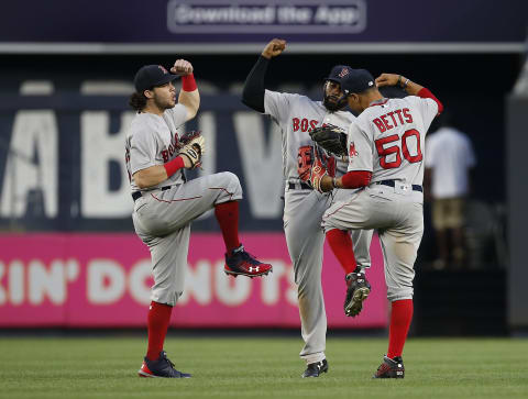 NEW YORK, NY – AUGUST 12: Outfielders Andrew Benintendi #16, Jackie Bradley Jr. #19 and Mookie Betts #50 (Photo by Rich Schultz/Getty Images)