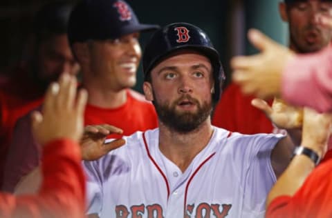 BOSTON, MA – SEPTEMBER 12: Sam Travis #59 of the Boston Red Sox celebrates in the dugout after scoring a run against the Oakland Athletics during the second inning at Fenway Park on September 12, 2017 in Boston, Massachusetts. (Photo by Maddie Meyer/Getty Images)