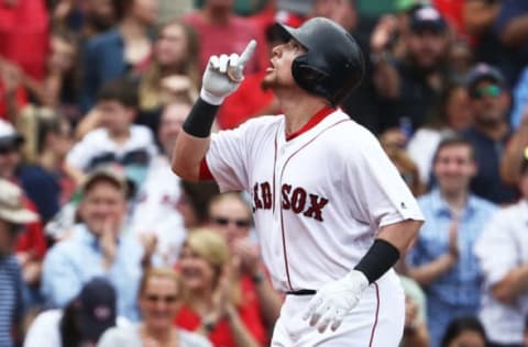 BOSTON, MA – SEPTEMBER 14: Christian Vazquez #7 of the Boston Red Sox celebrates after hitting a home run against the Oakland Athletics during the fifth inning at Fenway Park on September 14, 2017 in Boston, Massachusetts. (Photo by Maddie Meyer/Getty Images)