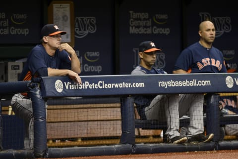 ST. PETERSBURG, FL – AUGUST 29: Manager A.J. Hinch of the Houston Astros, left, looks on during the fourth inning against the Texas Rangers at Tropicana Field on August 29, 2017 in St. Petersburg, Florida. (Photo by Jason Behnken / Getty Images)