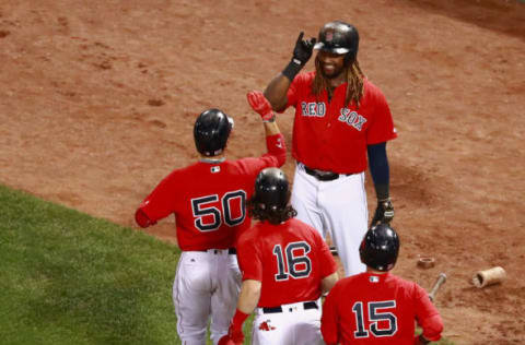 BOSTON, MA – SEPTEMBER 08: Hanley Ramirez #13 celebrates with Mookie Betts #50, Andrew Benintendi, and Dustin Pedroia #15 (Photo by Omar Rawlings/Getty Images)