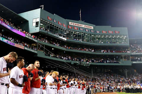 BOSTON, MA – SEPTEMBER 26: Members of the Boston Red Sox stand for the national anthem before their game against the Toronto Blue Jays at Fenway Park on September 26, 2017 in Boston, Massachusetts. (Photo by Maddie Meyer/Getty Images)