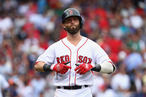 BOSTON, MA – OCTOBER 08: Dustin Pedroia #15 of the Boston Red Sox reacts in the second inning against the Houston Astros during game three of the American League Division Series at Fenway Park on October 8, 2017 in Boston, Massachusetts. (Photo by Maddie Meyer/Getty Images)