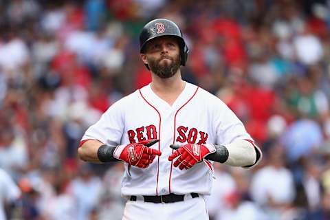 BOSTON, MA – OCTOBER 08: Dustin Pedroia #15 of the Boston Red Sox reacts in the second inning against the Houston Astros during game three of the American League Division Series at Fenway Park on October 8, 2017 in Boston, Massachusetts. (Photo by Maddie Meyer/Getty Images)