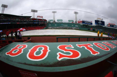 BOSTON, MA – OCTOBER 09: Rain drops are seen on the Boston Red Sox dugout before game four of the American League Division Series between the Houston Astros and the Boston Red Sox at Fenway Park on October 9, 2017 in Boston, Massachusetts. (Photo by Tim Bradbury/Getty Images)