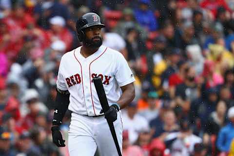 BOSTON, MA – OCTOBER 09: Jackie Bradley Jr. #19 of the Boston Red Sox reacts after striking out in the fourth inning against the Houston Astros during game four of the American League Division Series at Fenway Park on October 9, 2017 in Boston, Massachusetts. (Photo by Maddie Meyer/Getty Images)