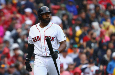 BOSTON, MA – OCTOBER 09: Jackie Bradley Jr. #19 of the Boston Red Sox reacts after striking out in the fourth inning against the Houston Astros during game four of the American League Division Series at Fenway Park on October 9, 2017 in Boston, Massachusetts. (Photo by Maddie Meyer/Getty Images)