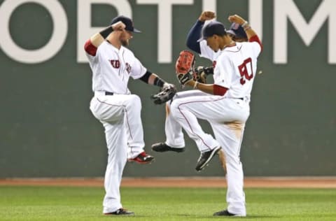 BOSTON, MA – JULY 06: Bryce Brentz, Mookie Betts and Jackie Bradley Jr. (Photo by Adam Glanzman/Getty Images)