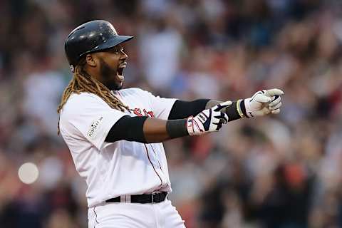 BOSTON, MA – OCTOBER 08: Hanley Ramirez #13 of the Boston Red Sox celebrates after hitting a two-run RBI double in the seventh inning against the Houston Astros during game three of the American League Division Series at Fenway Park on October 8, 2017 in Boston, Massachusetts. (Photo by Elsa/Getty Images)