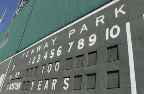 BOSTON, MA – APRIL 20: The Green Monster and the scoreboard.  (Photo by Elsa/Getty Images)