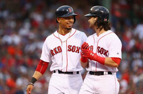 BOSTON, MA – OCTOBER 08: Mookie Betts #50 and Andrew Benintendi #16 of the Boston Red Sox talk during game three of the American League Division Series between the Houston Astros and the Boston Red Sox at Fenway Park on October 8, 2017 in Boston, Massachusetts. (Photo by Maddie Meyer/Getty Images)