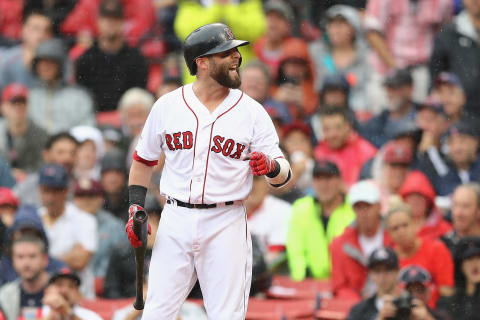 BOSTON, MA – OCTOBER 09: Dustin Pedroia #15 of the Boston Red Sox reacts after being called out on strikes in the second inning against the Houston Astros during game four of the American League Division Series at Fenway Park on October 9, 2017 in Boston, Massachusetts. (Photo by Elsa/Getty Images)