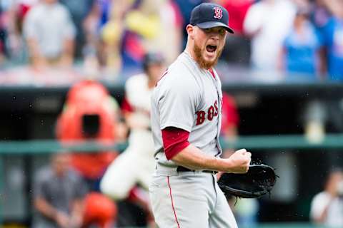 CLEVELAND, OH – AUGUST 15: Closing pitcher Craig Kimbrel #46 of the Boston Red Sox celebrates after the final out against the Cleveland Indians at Progressive Field on August 15, 2016 in Cleveland, Ohio. The Red Sox defeated the Indians 3-2. (Photo by Jason Miller/Getty Images)