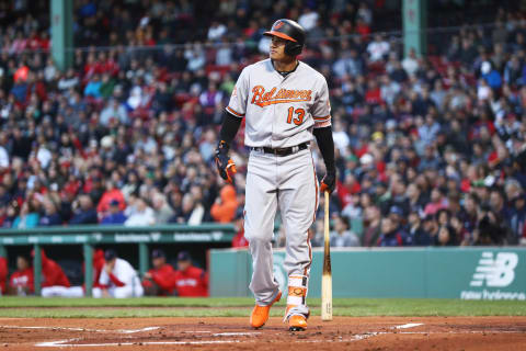 BOSTON, MA – MAY 3: Manny Machado #13 of the Baltimore Orioles reacts after striking out during the first inning against the Boston Red Sox at Fenway Park on May 3, 2017 in Boston, Massachusetts. (Photo by Maddie Meyer/Getty Images)