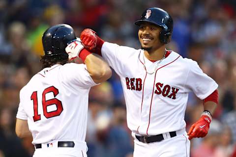 BOSTON, MA – AUGUST 3: Mookie Betts #50 of the Boston Red Sox celebrates with Andrew Benintendi #16 after hitting a two run homer against the Chicago White Sox during the second inning at Fenway Park on August 2, 2017 in Boston, Massachusetts. (Photo by Maddie Meyer/Getty Images)