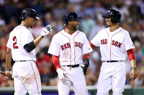 BOSTON, MA – AUGUST 15: Eduardo Nunez #36 of the Boston Red Sox and Mookie Betts #50 celebrate with Xander Bogaerts #2 after Betts and Nunez scored runs against the St. Louis Cardinals during the fifth inning at Fenway Park on August 15, 2017 in Boston, Massachusetts. (Photo by Maddie Meyer/Getty Images)