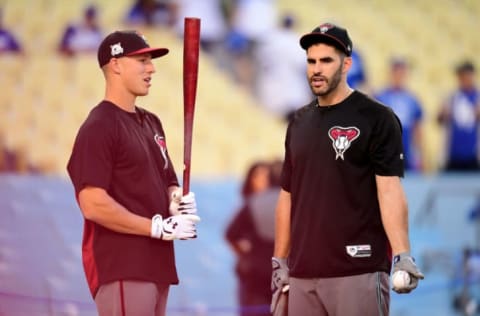 LOS ANGELES, CA – OCTOBER 06: Jake Lamb and J.D. Martinez . (Photo by Harry How/Getty Images)