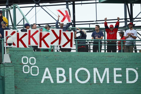 BOSTON, MA – OCTOBER 09: Boston Red Sox fans display strike signs in the sixth inning during game four of the American League Division Series between the Houston Astros and the Boston Red Sox at Fenway Park on October 9, 2017 in Boston, Massachusetts. (Photo by Maddie Meyer/Getty Images)