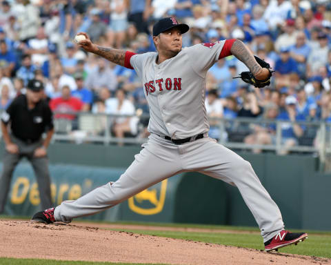 KANSAS CITY, MO -JUNE 19: Hector Velazquez #76 of the Boston Red Sox throws in the first inning against the Kansas City Royals at Kauffman Stadium on June 19, 2017 in Kansas City, Missouri. (Photo by Ed Zurga/Getty Images)