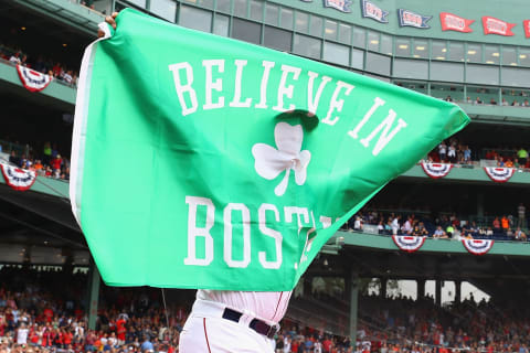 BOSTON, MA – OCTOBER 08: Hanley Ramirez #13 of the Boston Red Sox holds a flag as he takes the field before game three of the American League Division Series between the Houston Astros and the Boston Red Sox at Fenway Park on October 8, 2017 in Boston, Massachusetts. (Photo by Maddie Meyer/Getty Images)