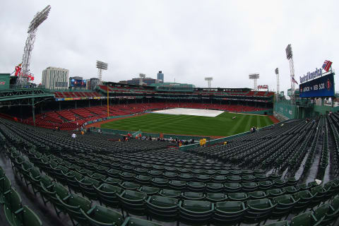 BOSTON, MA – OCTOBER 09: A tarp is seen on the field before game four of the American League Division Series between the Houston Astros and the Boston Red Sox at Fenway Park on October 9, 2017 in Boston, Massachusetts. (Photo by Tim Bradbury/Getty Images)