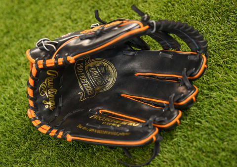 MIAMI, FL – MARCH 29: A detailed photo of the Rawlings baseball glove of Derek Dietrich #32 of the Miami Marlins before Opening Day between the Miami Marlins and the Chicago Cubs at Marlins Park on March 29, 2018 in Miami, Florida. (Photo by Mark Brown/Getty Images)