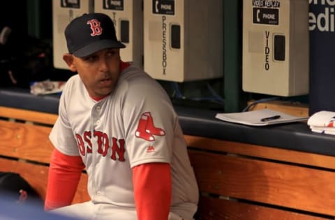 ST PETERSBURG, FL – MARCH 29: Manager Alex Cora #20 of the Boston Red Sox looks on before a game against the Tampa Bay Rays on Opening Day at Tropicana Field on March 29, 2018 in St Petersburg, Florida. (Photo by Mike Ehrmann/Getty Images)