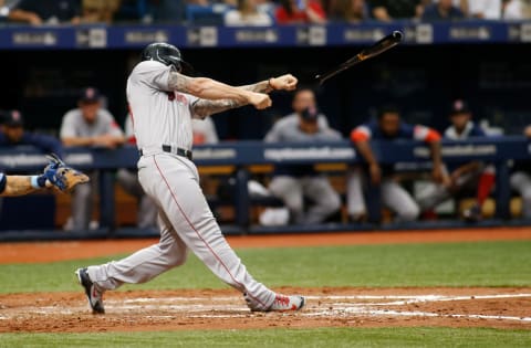 ST. PETERSBURG, FL – APRIL 1: Blake Swihart #23 of the Boston Red Sox tosses his bat into the Tampa Bay Rays’ dugout while facing pitcher Jacob Faria of the Tampa Bay Rays during the fourth inning of a game on April 1, 2018 at Tropicana Field in St. Petersburg, Florida. (Photo by Brian Blanco/Getty Images)