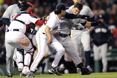 BOSTON, MA – APRIL 11: Tyler Austin #26 of the New York Yankees fights Joe Kelly #56 of the Boston Red Sox after being struck by a pitch Kelly threw during the seventh inning at Fenway Park on April 11, 2018 in Boston, Massachusetts. (Photo by Maddie Meyer/Getty Images)