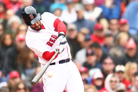 BOSTON, MA – APRIL 14: J.D. Martinez #28 of the Boston Red Sox hits a solo home run in the third inning of a game against the Baltimore Orioles at Fenway Park on April 14, 2018 in Boston, Massachusetts. (Photo by Adam Glanzman/Getty Images)