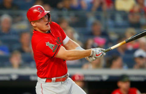 NEW YORK, NY – MAY 26: Mike Trout #27 of the Los Angeles Angels of Anaheim follows through on a third inning double against the New York Yankees at Yankee Stadium on May 26, 2018 in the Bronx borough of New York City. (Photo by Jim McIsaac/Getty Images)