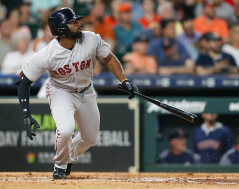 HOUSTON, TX – MAY 31: Jackie Bradley Jr. #19 of the Boston Red Sox doubles in the third inning against the Houston Astros at Minute Maid Park on May 31, 2018 in Houston, Texas. (Photo by Bob Levey/Getty Images)