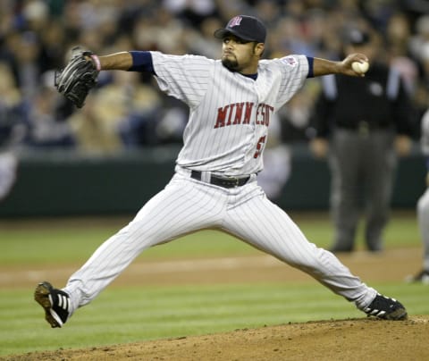 SEATTLE – APRIL 5: Starting pitcher Johan Santana #57 of the Minnesota Twins pitches against the Seattle Mariners on April 5, 2005 at Safeco Field in Seattle, Washington. (Photo by Otto Greule Jr/Getty Images)