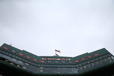 BOSTON, MASSACHUSETTS – APRIL 09: A general view of Fenway Park with the 9 World Series pennant logos before the home opener between the Toronto Blue Jays and the Boston Red Sox at Fenway Park on April 09, 2019 in Boston, Massachusetts. (Photo by Maddie Meyer/Getty Images)