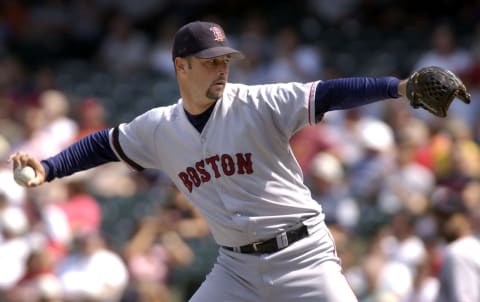 Boston Red Sox pitcher Tim Wakefield delivers a pitch against the Cleveland Indians on 01 September, 2002 at Jacobs Field in Cleveland, OH. Boston defeated Cleveland 7-1.AFP PHOTO/David Maxwell (Photo by DAVID MAXWELL / AFP) (Photo credit should read DAVID MAXWELL/AFP via Getty Images)