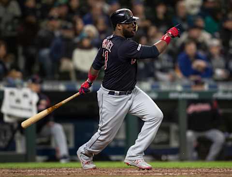 SEATTLE, WA – APRIL 16: Hanley Ramirez #13 of the Cleveland Indians takes a swing during an at-bat in a game against the Seattle Mariners at T-Mobile Park on April 16, 2019 in Seattle, Washington. The Indians won the game 4-2. (Photo by Stephen Brashear/Getty Images)