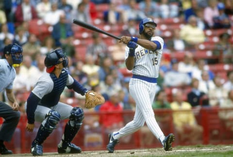 MILWAUKEE, WI – CIRCA 1987: Cecil Cooper #15 of the Milwaukee Brewers bats during a Major League Baseball game circa 1987 at Milwaukee County Stadium in Milwaukee, Wisconsin. Cooper played for the Brewers from 1977-87. (Photo by Focus on Sport/Getty Images)