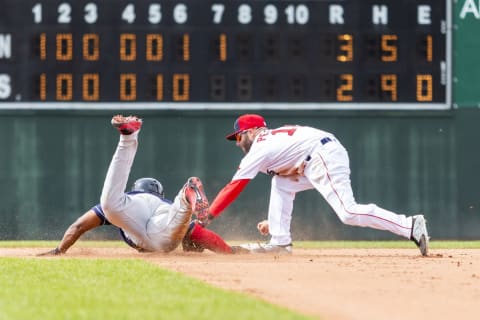 PORTLAND, ME – MAY 04: Dustin Pedroia #15 of the Boston Red Sox tags out Barrett Barnes #8 of the Binghamton Rumble Ponies in the seventh inning of the game between the Portland Sea Dogs and the Binghamton Rumble Ponies at Hadlock Field on May 4, 2019 in Portland, Maine. (Photo by Zachary Roy/Getty Images)