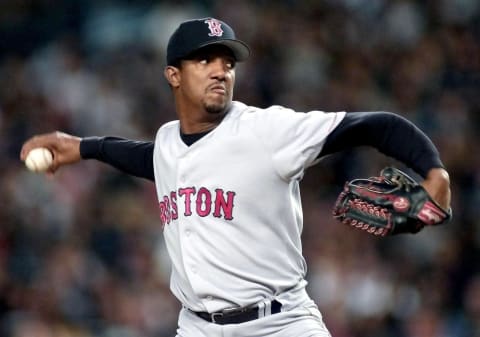 Boston Red Sox pitcher Pedro Martinez throws against the New York Yankees in the bottom of the first inning 28 May 2000 at Yankee Stadium in New York, NY. The Yankees and Red Sox are tied for first place in the American League East. (ELECTRONIC IMAGE) AFP PHOTO/Matt CAMPBELL (Photo by MATT CAMPBELL / AFP) (Photo credit should read MATT CAMPBELL/AFP via Getty Images)