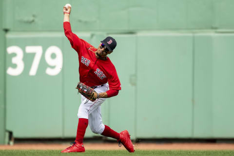 BOSTON, MA – AUGUST 18: Mookie Betts #50 of the Boston Red Sox throws the ball (Photo by Billie Weiss/Boston Red Sox/Getty Images)