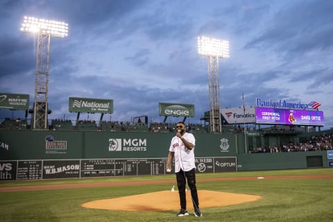 BOSTON, MA – SEPTEMBER 9: Former designated hitter David Ortiz #34 of the Boston Red Sox addresses the crowd after throwing out a ceremonial first pitch as he returns to Fenway Park before a game against the New York Yankees on September 9, 2019 at Fenway Park in Boston, Massachusetts. (Photo by Billie Weiss/Boston Red Sox/Getty Images)