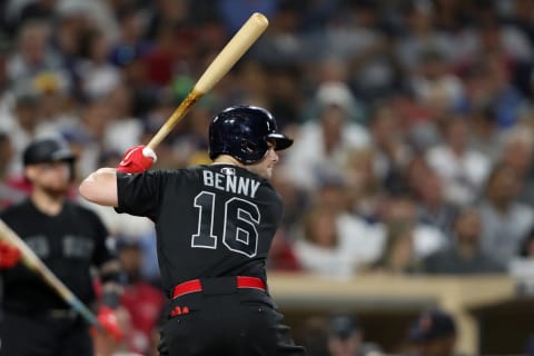 SAN DIEGO, CALIFORNIA – AUGUST 23: Andrew Benintendi #16 of the Boston Red Sox at bat during a game against the San Diego Padresat PETCO Park on August 23, 2019 in San Diego, California. Teams are wearing special color schemed uniforms with players choosing nicknames to display for Players’ Weekend. (Photo by Sean M. Haffey/Getty Images)