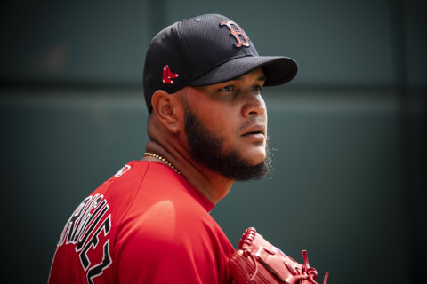 NORTH PORT, FL – MARCH 6: Eduardo Rodriguez #57 of the Boston Red Sox looks on before a Grapefruit League game against the Atlanta Braves on March 6, 2020 at CoolToday Park in North Port, Florida. (Photo by Billie Weiss/Boston Red Sox/Getty Images)