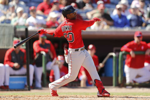 CLEARWATER, FLORIDA – MARCH 07: Jeter Downs #20 of the Boston Red Sox at bat against the Philadelphia Phillies during the fourth inning of a Grapefruit League spring training game on March 07, 2020 in Clearwater, Florida. (Photo by Michael Reaves/Getty Images)