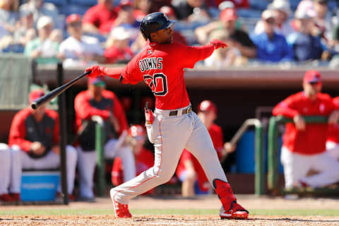 CLEARWATER, FLORIDA – MARCH 07: Jeter Downs #20 of the Boston Red Sox at bat against the Philadelphia Phillies during the fourth inning of a Grapefruit League spring training game on March 07, 2020 in Clearwater, Florida. (Photo by Michael Reaves/Getty Images)